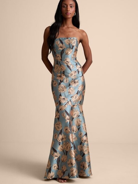 Lulus Dresses & Skirts - Lulus Gowning Around Slate Blue Floral Jacquard Strapless Maxi Dress - Size S